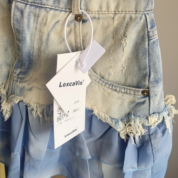 New Distressed Denim Mesh Ruffle Mini Skirt S - Picture 5 of 5